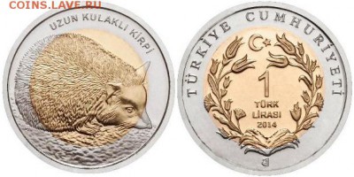 Монеты с изображением ёжиков - 2014_Turciya_1_lira_bimetall_Ushastyy_Yozh