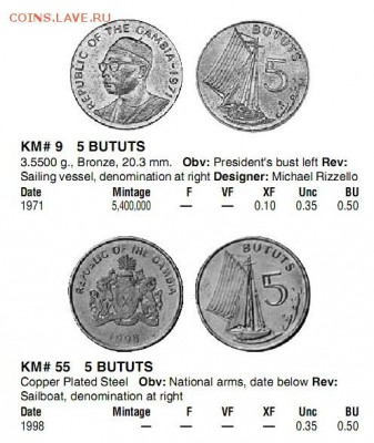 Гамбия. 5 бутут. 1971, 1998 КОРАБЛЬ - Гамбия Краузе