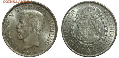 Швеция, 1 крона, 1939, UNC; до 12.05 в 22-00 МСК - 1kr1939sweden.JPG