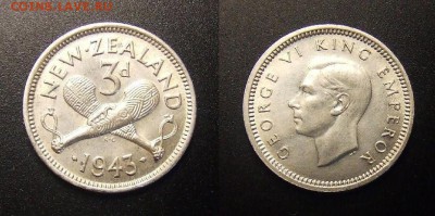 3 - Новая Зеландия – 3 пенса (1943) «Боевые дубины Маори; Георг VI» (Ag)