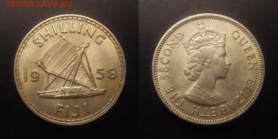 3 - Фиджи – 1 шиллинг (1958) «Парусный катамаран; Елизавета II» медь-ник. №1