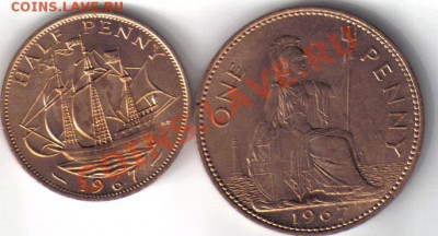 2 и 1 пенни 1967 AUNC до 14.11 21.00мск - Британия полпенни,пенни 1967-2