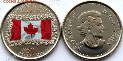 Польша-США-КАНАДА-19-20-РОССИЯ-Португалия-Казахстан - ca_25cents_2015_50th_anniversary_of_canadian_flag_coloured