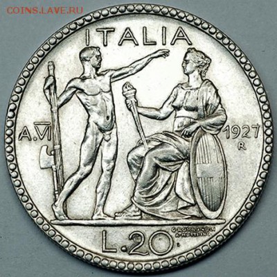 Италия_20 лир 1927. Нечастое серебро; до 12.06_22.16мск - 10483