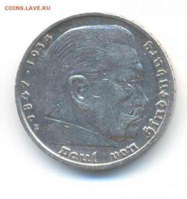 Ag. 3-й рейх 5 марок 1936 Е. свастика . до 16.06 22:00 - 5