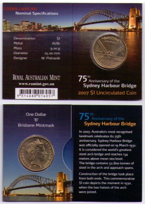 Клин15,Вязьма,Костромская12р.НУ ПОГОДИ 5001е мульты 1050 - 2007 Sydney Harbour Bridge 75th Years $1 Coin - 'B' Mintmark 2-2.99