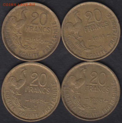 Франция 20 франков 1950-1953 4 шт. до 30.06.2016 21-00 - Франция 20 франков 1950-1953 а