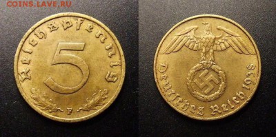 Германия (3-й Рейх) 5 пфеннигов (1938 F) до 18.07 (22.00) - Германия (3-й Рейх) – 5 рейхспфеннигов (1938 F) алюм.-бронза