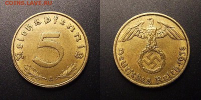 Германия (3-й Рейх) 5 пфеннигов (1938 А) до 18.07 (22.00) - Германия (3-й Рейх) – 5 рейхспфеннигов (1938 А) алюм.-бронза №2