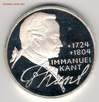 Ag Германия 5 марок 1974D Иммануил Кант 26.07 В 22.00 (В290) - 5-гФРГ5м74Д