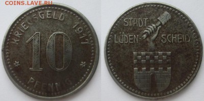 Нотгельды Германии. Обзорная тема. - 10 пф.1917г. Люденшайд, жел.