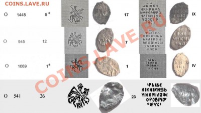 1. Московская копеечка Федора Алексеевича (1676-1682), по КиГ № 1448 (5*-17), по степени редкости IX – не совсем обычная монета, встречается реже рядовых монет Федора Алексеевича;2. Московская копеечка Алексея Михайловича (1645-1676), по КиГ это № 945 (12-7), рядовая, сохран вполне достойный;3. Московская денга Михаила Федоровича Романова (1613-1645), по КиГ № 1069 (1*-1*), по степени редкости IV – очень редкая монета и встречается очень не часто!!!;4. Московская копеечка Михаила Федоровича, легенда идентифицируется как № 23, на аверсе сохранилась рука, держащая копьё, и часть копья, по конфигурации руки (по остальным вариантам сочетания аверсов с реверсом № 23 сходных изображений нет) возможна идентификация монеты по КиГ как № 541 (26-23), рядовая. - АА