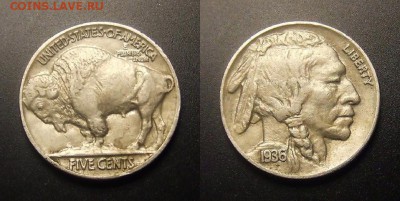 США ("большой цент") оценка - США – 5 центов (1936) «Бизон; индеец» (XF)