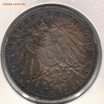 Ag ГЕРМАНИЯ (БАДЕН) 3 МАРКИ 1909G ДО 25.08 В 22Ч (Г284) - 5-гБад1