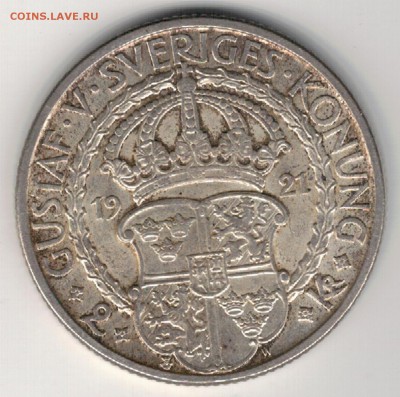 Ag ШВЕЦИЯ 2 КРОНЫ 1921 СВОБОДЫ ДО 25.08-22Ч (Г95) - 5-шв21а