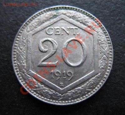 Италия, 1919 год, перечекан 1894 г, 20 с, до 07.12 в 21-30 м - ит 1919 1