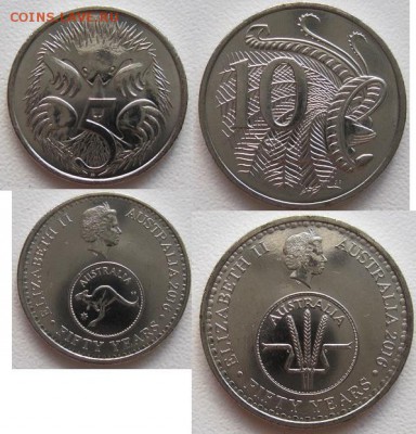 Австралия 5+10 центов 2016. 50 лет десят.системы нацвалюты - 5+10 десятичной