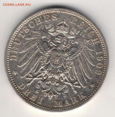 Ag ГЕРМАНИЯ (БАВАРИЯ) 3 МАРКИ 1909D ДО 08.09-22Ч (Г356) - 5-гБ3м09а