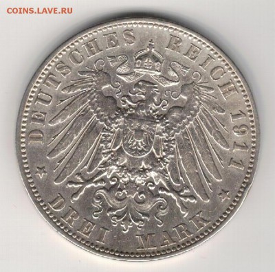 Ag ГЕРМАНИЯ (БАВАРИЯ) 3 МАРКИ 1911D ДО 08.09-22Ч (Г357) - 5-гБ3м11а