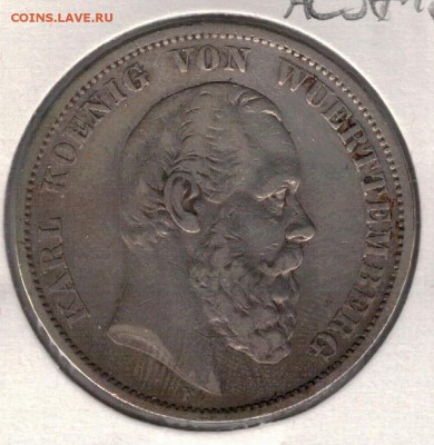 Ag ГЕРМАНИЯ (ВЮРТЕМБЕРГ) 5 МАРОК 1875F ДО 08.09-22Ч (Г385) - 5-гВ