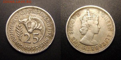 МОНЕТЫ МИРА 09-16 - Брит. Кипр – 25 милс (1955) «Голова быка»