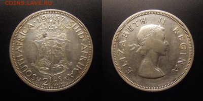 МОНЕТЫ МИРА 09-16 - Южная Африка – 2,5 шиллинга (1957) «Герб; Елизавета II» (Ag