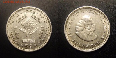 МОНЕТЫ МИРА 09-16 - ЮАР – 5 центов (1962) «Гигантская протея; исследователь Ян ван Рибек» Ag (XF)