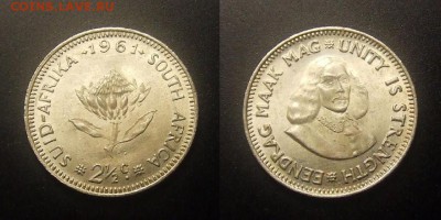 МОНЕТЫ МИРА 09-16 - ЮАР – 2,5  цента (1961) «Гигантская протея; исследователь Ян ван Рибек» (Ag)