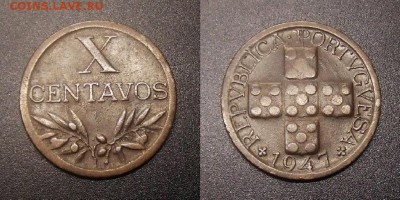 МОНЕТЫ МИРА 09-16 - Португалия – 10 сентаво (1947) бронза