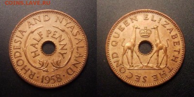 МОНЕТЫ МИРА 09-16 - Родезия и Ньясаленд – 0,5 пенни (1958) «Жирафы» (XF)