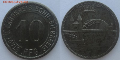 Нотгельды Германии. Обзорная тема. - 10 пф. 1919г. Бонн, железо