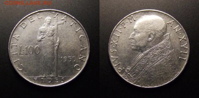 МОНЕТЫ МИРА 09-16 - Ватикан – 100 лир (1955) «Фидес – богиня согласия (тип №1)» №1