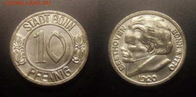 МОНЕТЫ МИРА 09-16 - Германия (Бонн) – 10 пфеннигов (1920) «Бетховен» (нотгельд) (XF+)