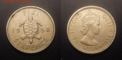 МОНЕТЫ МИРА 09-16 - Фиджи – 6 пенсов (1958) «Морская черепаха; Елизавета II» №2
