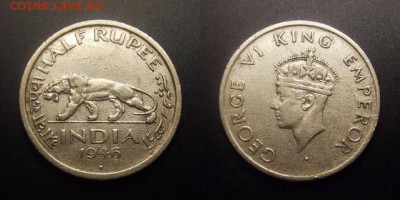МОНЕТЫ МИРА 09-16 - Брит. Индия – 0,5 рупии (1946) «Идущий тигр; Георг VI»