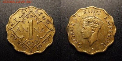 МОНЕТЫ МИРА 09-16 - Брит. Индия – 1 анна (1943) «Георг VI» ник.-лат. №1