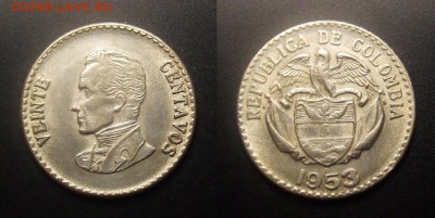 МОНЕТЫ МИРА 09-16 - Колумбия – 20 сентаво (1953) «Симон Боливар – президент Колумбии» Аg