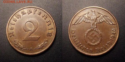 МОНЕТЫ МИРА 09-16 - Германия (3-й Рейх) – 2 рейхспфеннига (1940 А) бронза (XF)