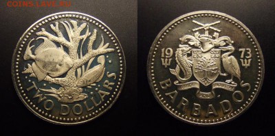 МОНЕТЫ МИРА 09-16 - Барбадос – 2 доллара (1973) «Коралловые рыбки» proof (d-37мм)