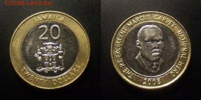 МОНЕТЫ МИРА 09-16 - Ямайка – 20 долларов (2008) «Маркус Гарви – национальный герой» (бм) (XF)
