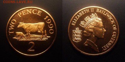 Индия, США и Гернси (на оценку) - Гернси – 2 пенса (1990) «Коровы» proof