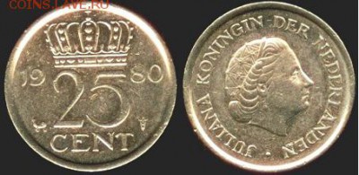 Нидерланды, 25 центов, 1980, до 21.00 мск 04.10.2016 - Нидерланды 25 центов, 1980