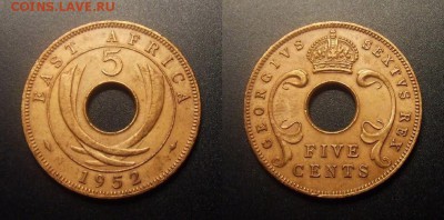 МОНЕТЫ МИРА 10-16 - Брит. Восточная Африка – 5 центов (1952) бронза (XF)