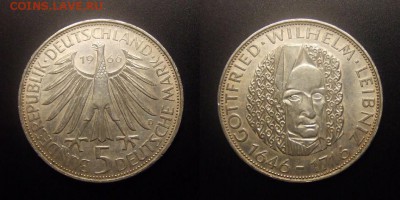 МОНЕТЫ МИРА 10-16 - Германия – 5 марок (1966 D) «Готфрид Вильгельм Лейбниц» Ag