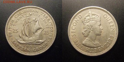 МОНЕТЫ МИРА 10-16 - Восточные Карибы – 25 центов (1955) «Парусник; Елизавета II» (XF)