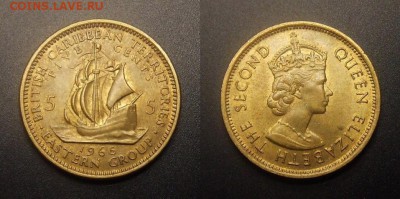 МОНЕТЫ МИРА 10-16 - Восточные Карибы – 5 центов (1965) «Парусник; Елизавета II» (XF)