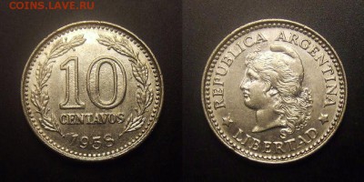 МОНЕТЫ МИРА 10-16 - Аргентина – 10 сентаво (1958) ник.-сталь (XF)