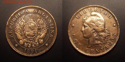 МОНЕТЫ МИРА 10-16 - Аргентина – 2 сентаво (1891) бронза (d-30,3мм)