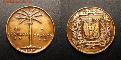 МОНЕТЫ МИРА 10-16 - Доминиканская Республика – 1 сентаво (1957) «Пальма» бронза (XF)