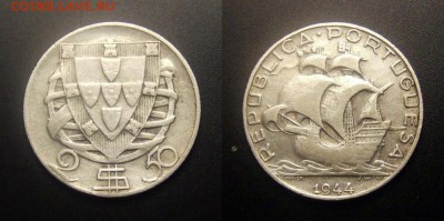 МОНЕТЫ МИРА 10-16 - Португалия – 2,5 эскудо (1944) «Парусник» Ag